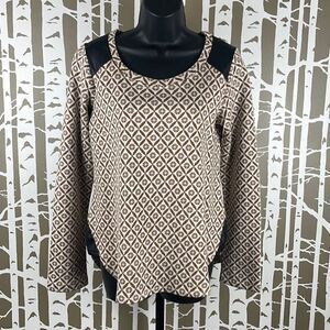 Mystree Geometric Print Knitted Faux Leather Accent Top sz M